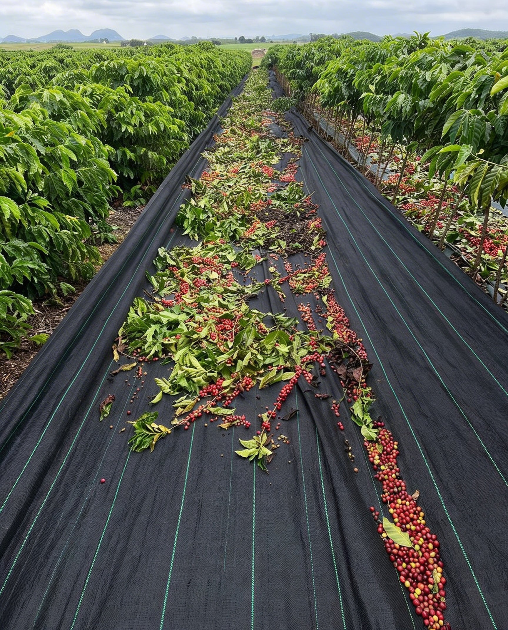 Lona preta de rafia estendida na lavoura de café com grãos colhidos